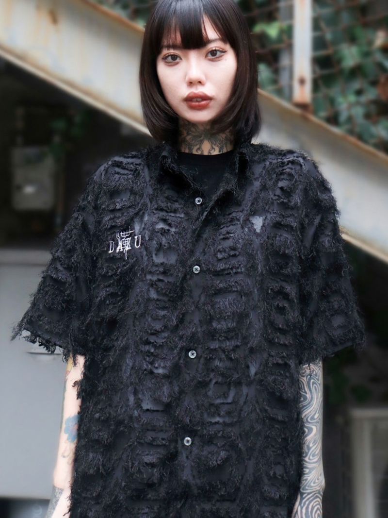 【DAKU】カラス刺繍シアー素材 半袖シャギーシャツ