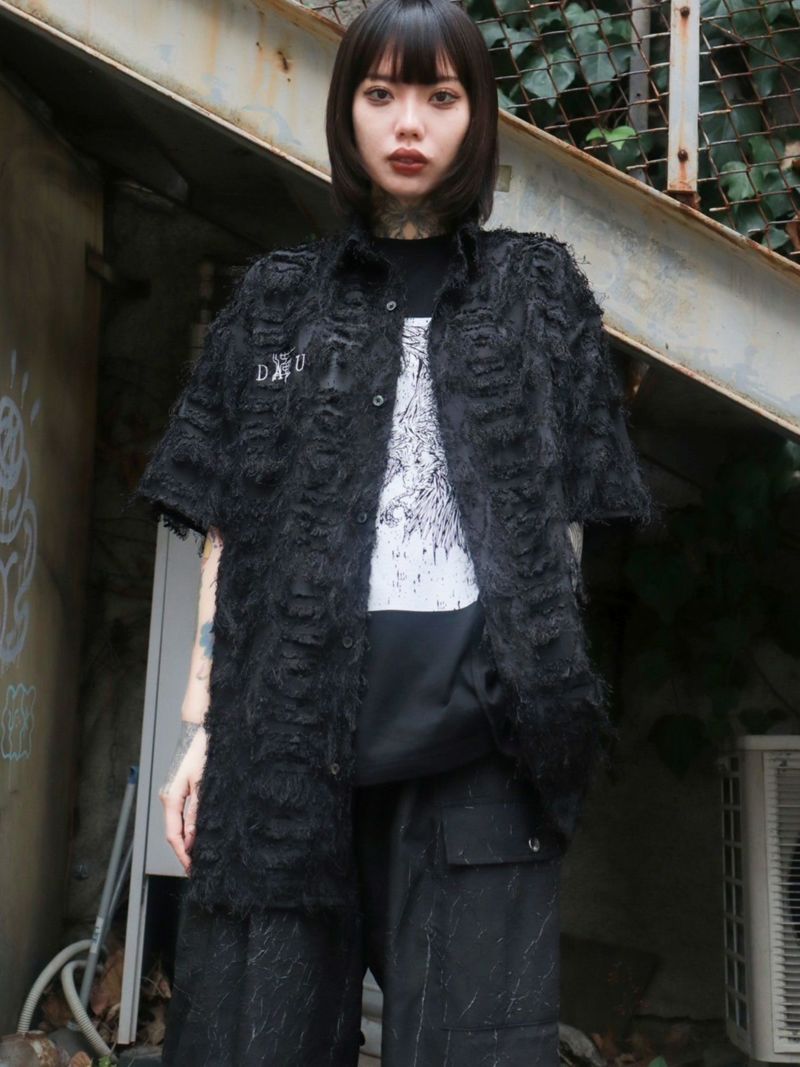 【DAKU】カラス刺繍シアー素材 半袖シャギーシャツ