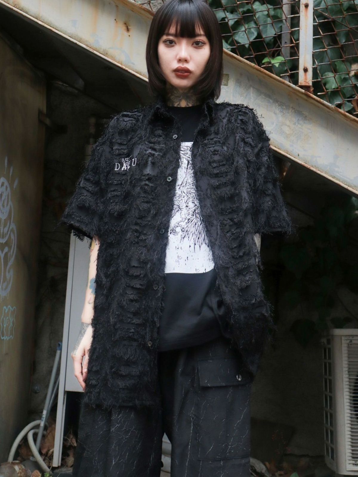 【DAKU】カラス刺繍シアー素材 半袖シャギーシャツ