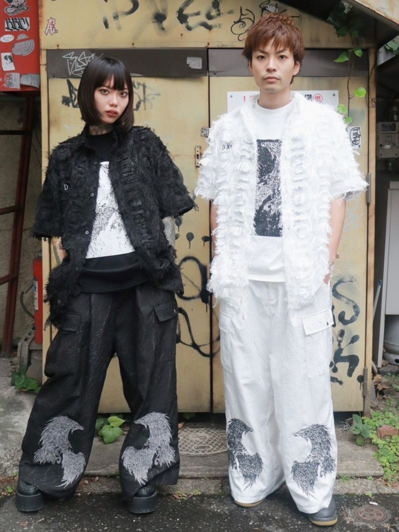 【DAKU】カラス刺繍シアー素材 半袖シャギーシャツ