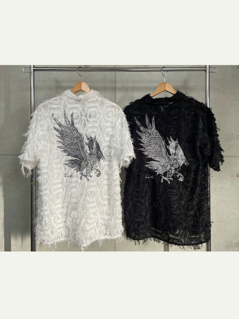 【DAKU】カラス刺繍シアー素材 半袖シャギーシャツ