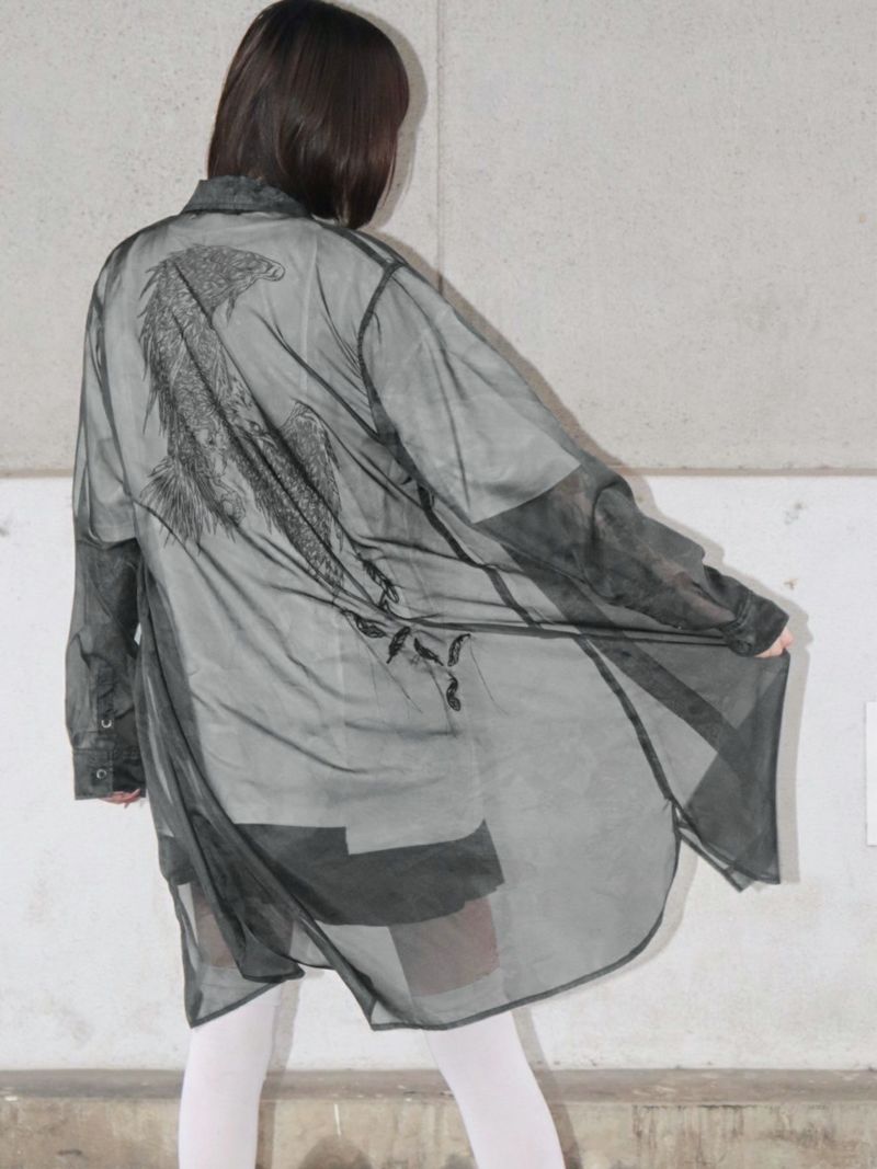 【DAKU】カラスプリントシアー素材 半袖ロングシャツ