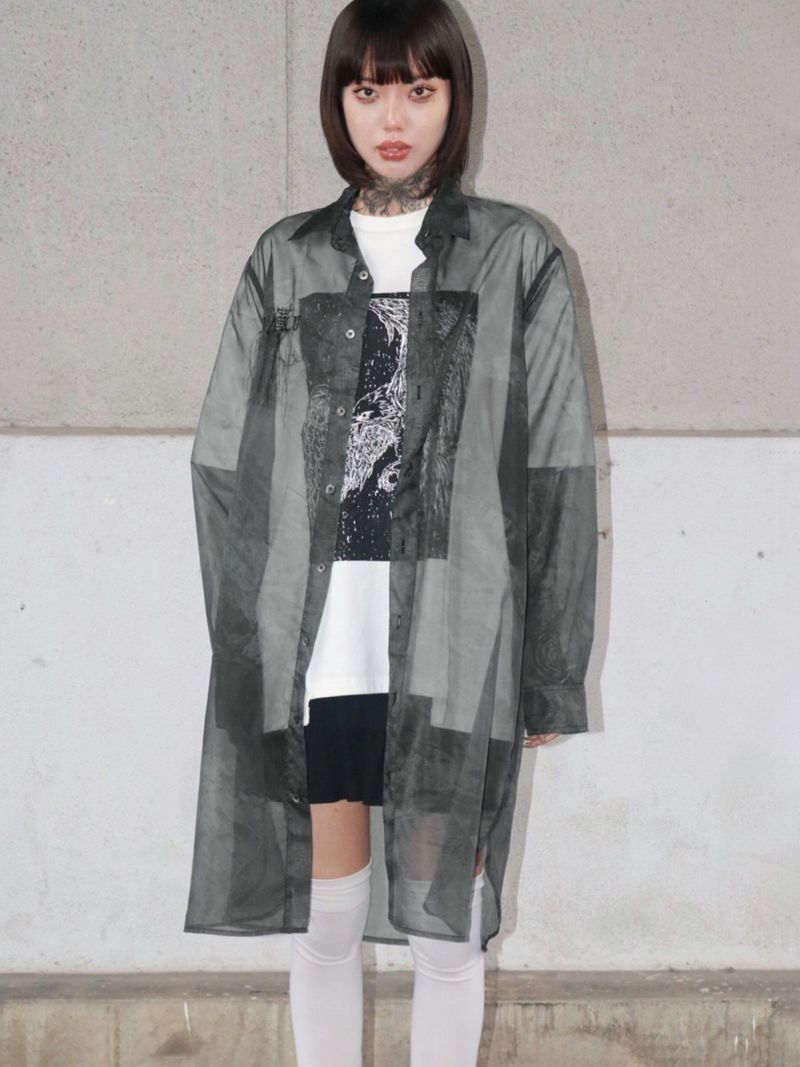 【DAKU】カラスプリントシアー素材 半袖ロングシャツ