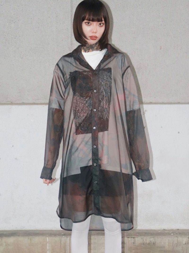 【DAKU】カラスプリントシアー素材 半袖ロングシャツ