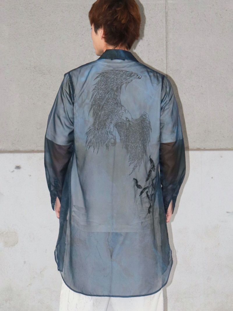 【DAKU】カラスプリントシアー素材 半袖ロングシャツ