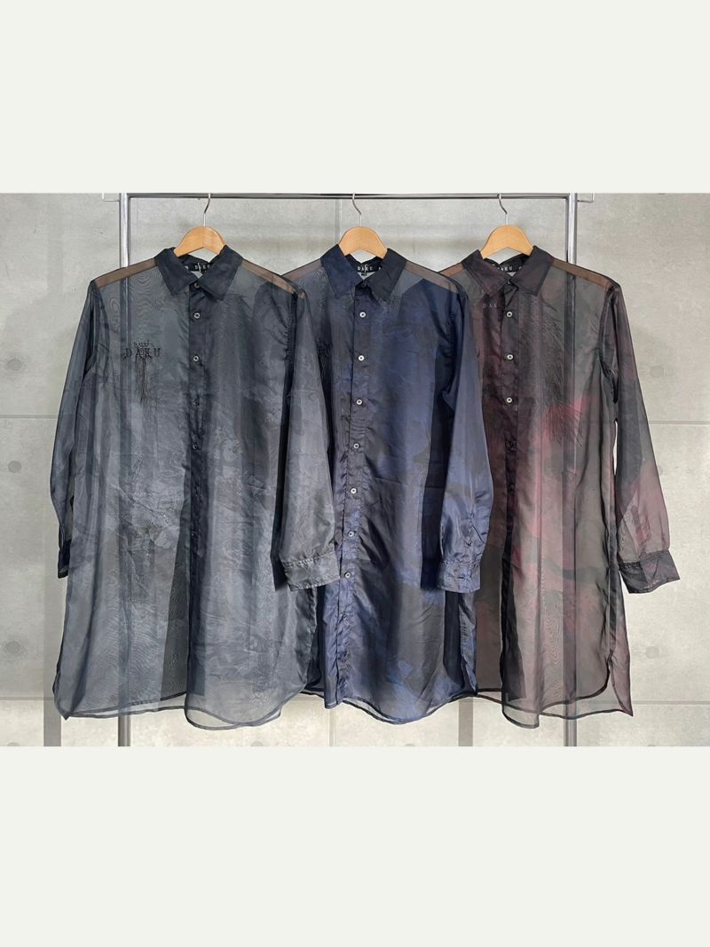 【DAKU】カラスプリントシアー素材 半袖ロングシャツ