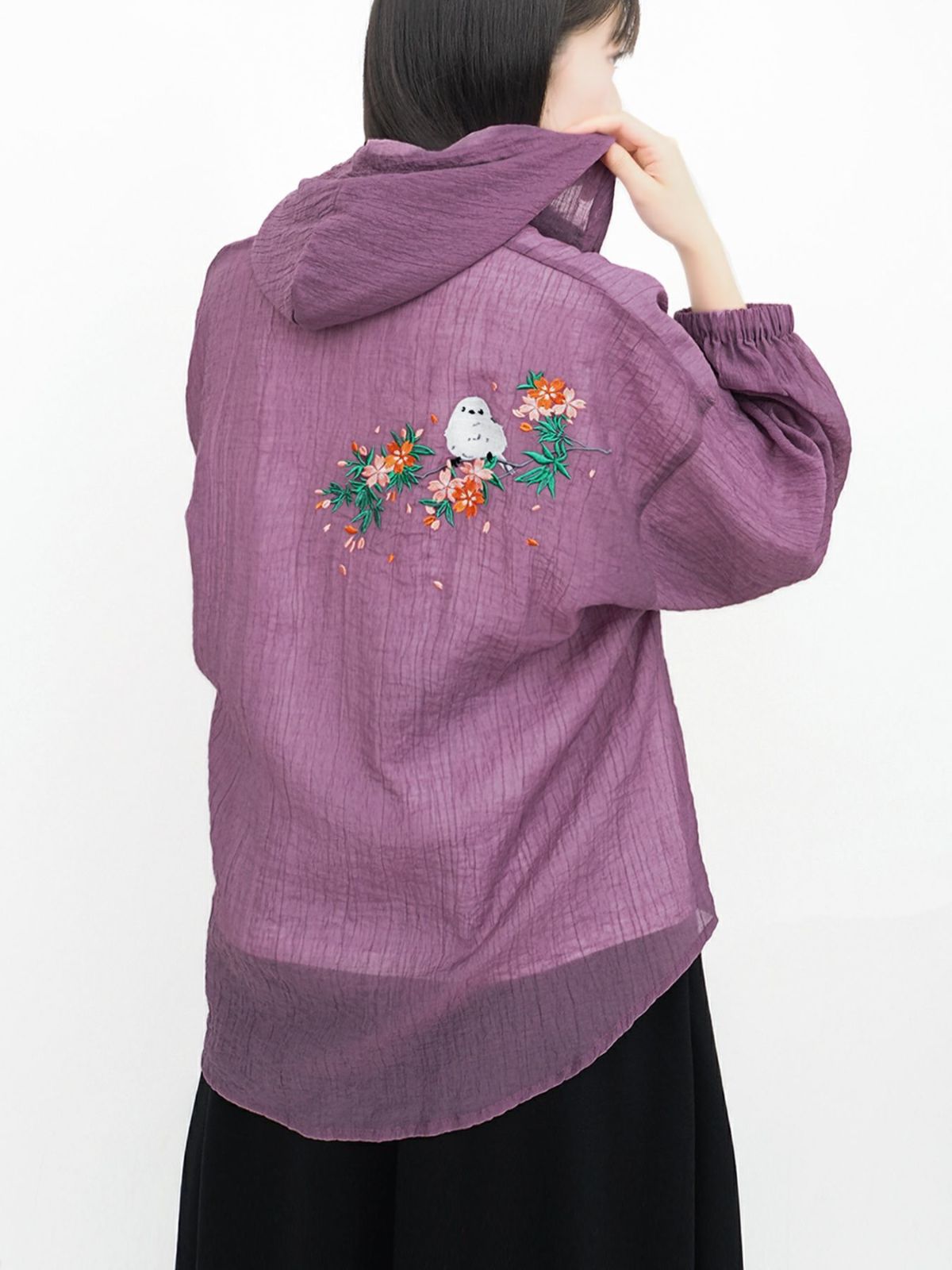【雅結】桜とシマエナガ刺繍 シアー素材ブラウスパーカー