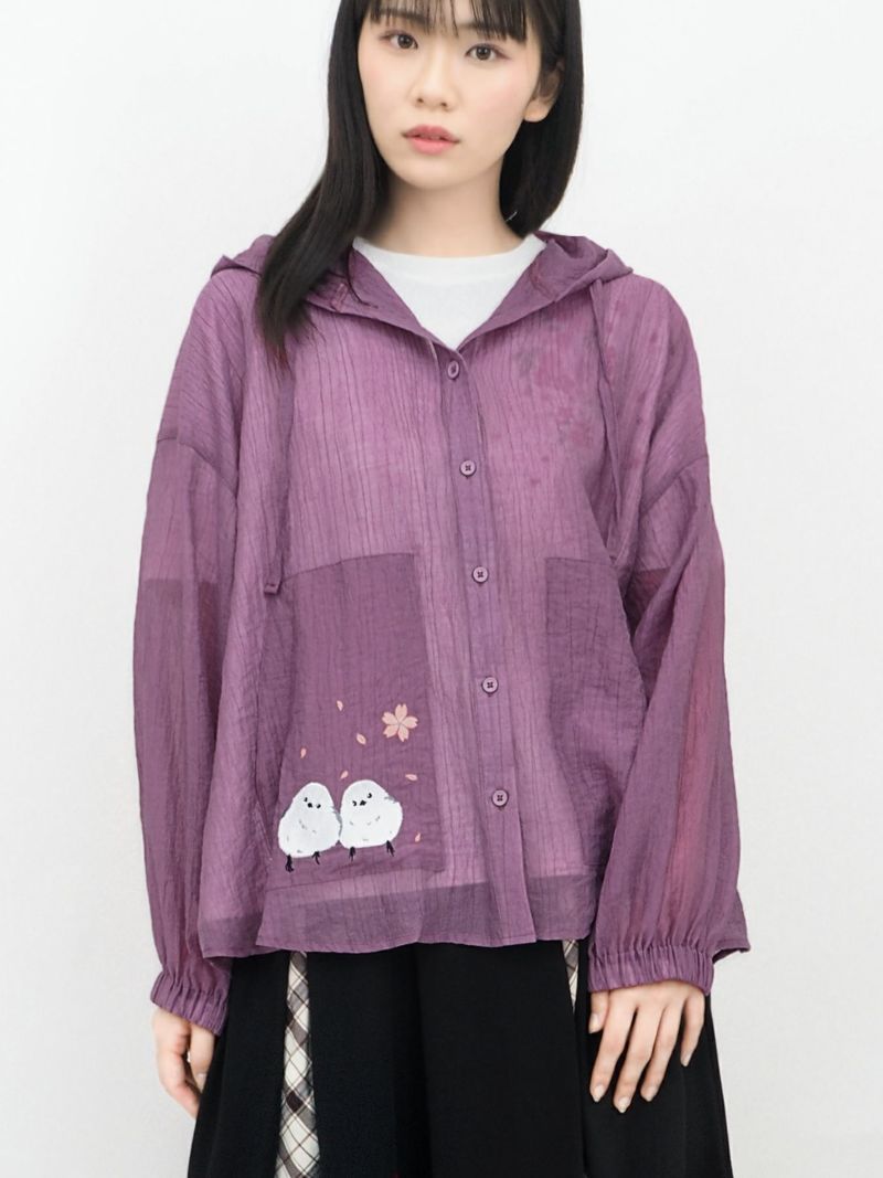 【雅結】桜とシマエナガ刺繍 シアー素材ブラウスパーカー