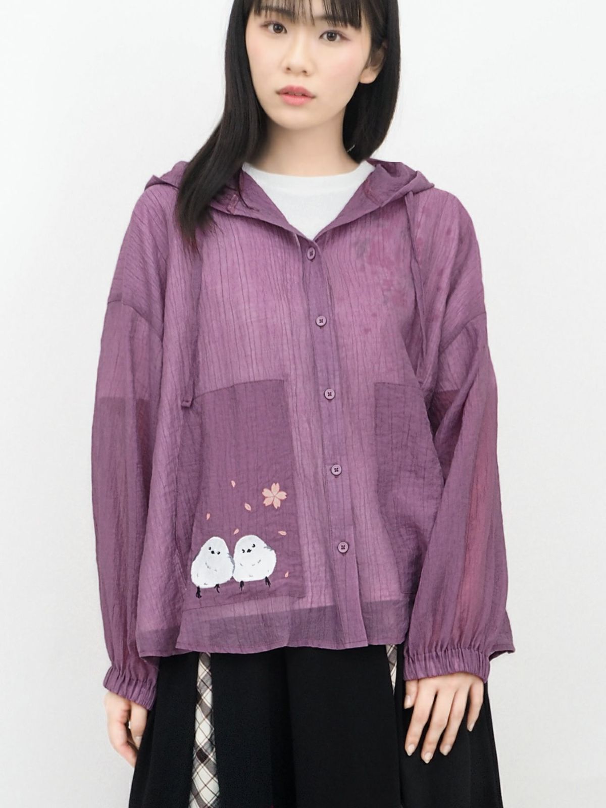 【雅結】桜とシマエナガ刺繍 シアー素材ブラウスパーカー