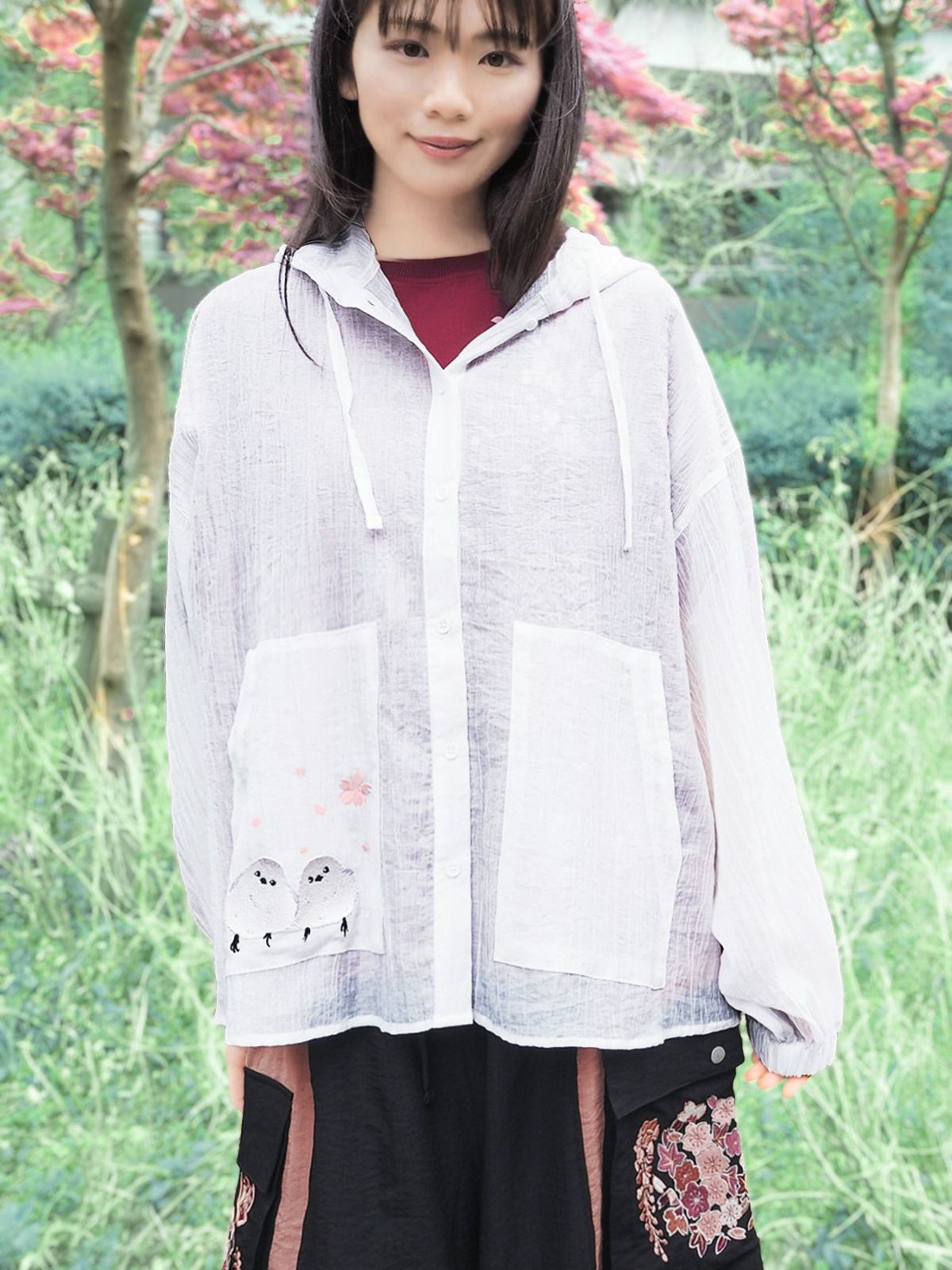 【雅結】桜とシマエナガ刺繍 シアー素材ブラウスパーカー