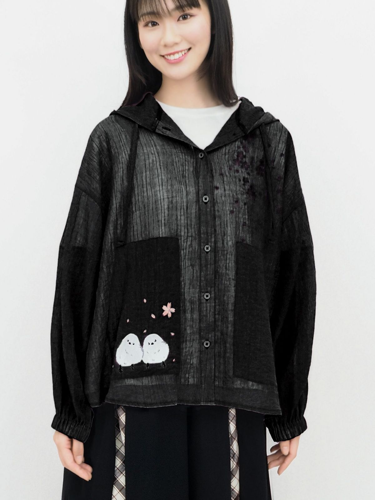 【雅結】桜とシマエナガ刺繍 シアー素材ブラウスパーカー