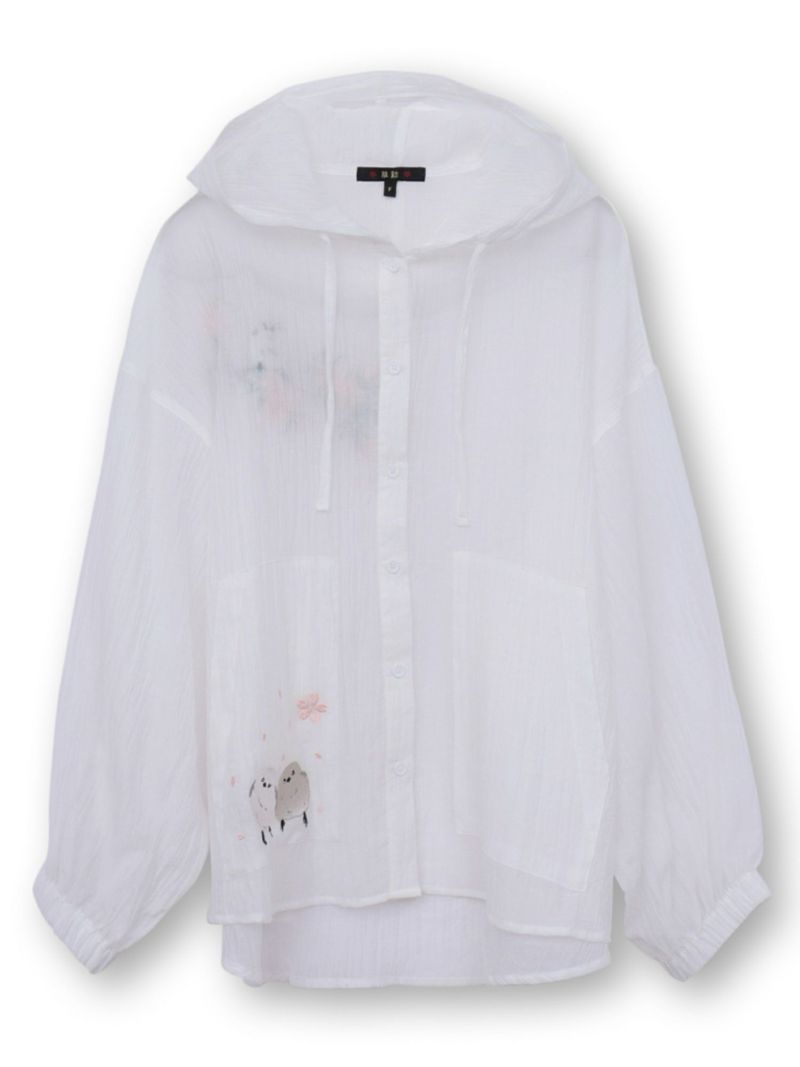 【雅結】桜とシマエナガ刺繍 シアー素材ブラウスパーカー