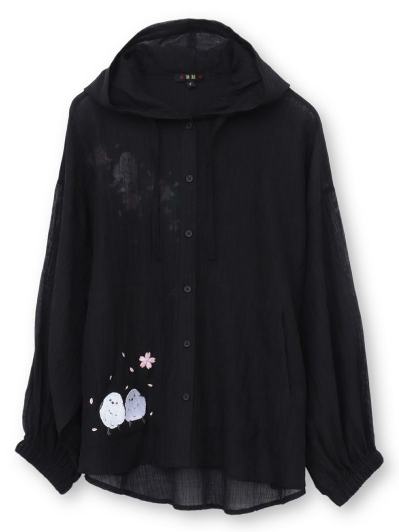 【雅結】桜とシマエナガ刺繍 シアー素材ブラウスパーカー