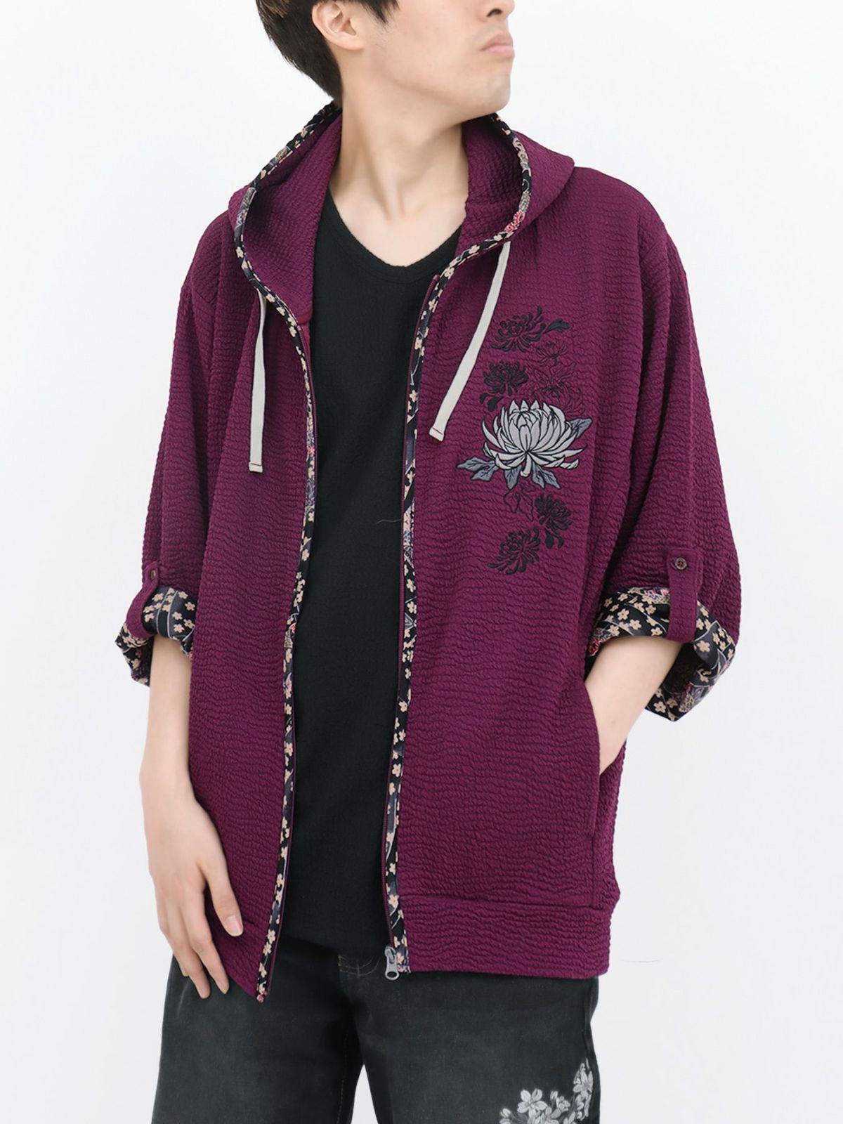 【雅結】菊刺繍ふくれジャガード素材 和生地遣い7分袖ZIPパーカー