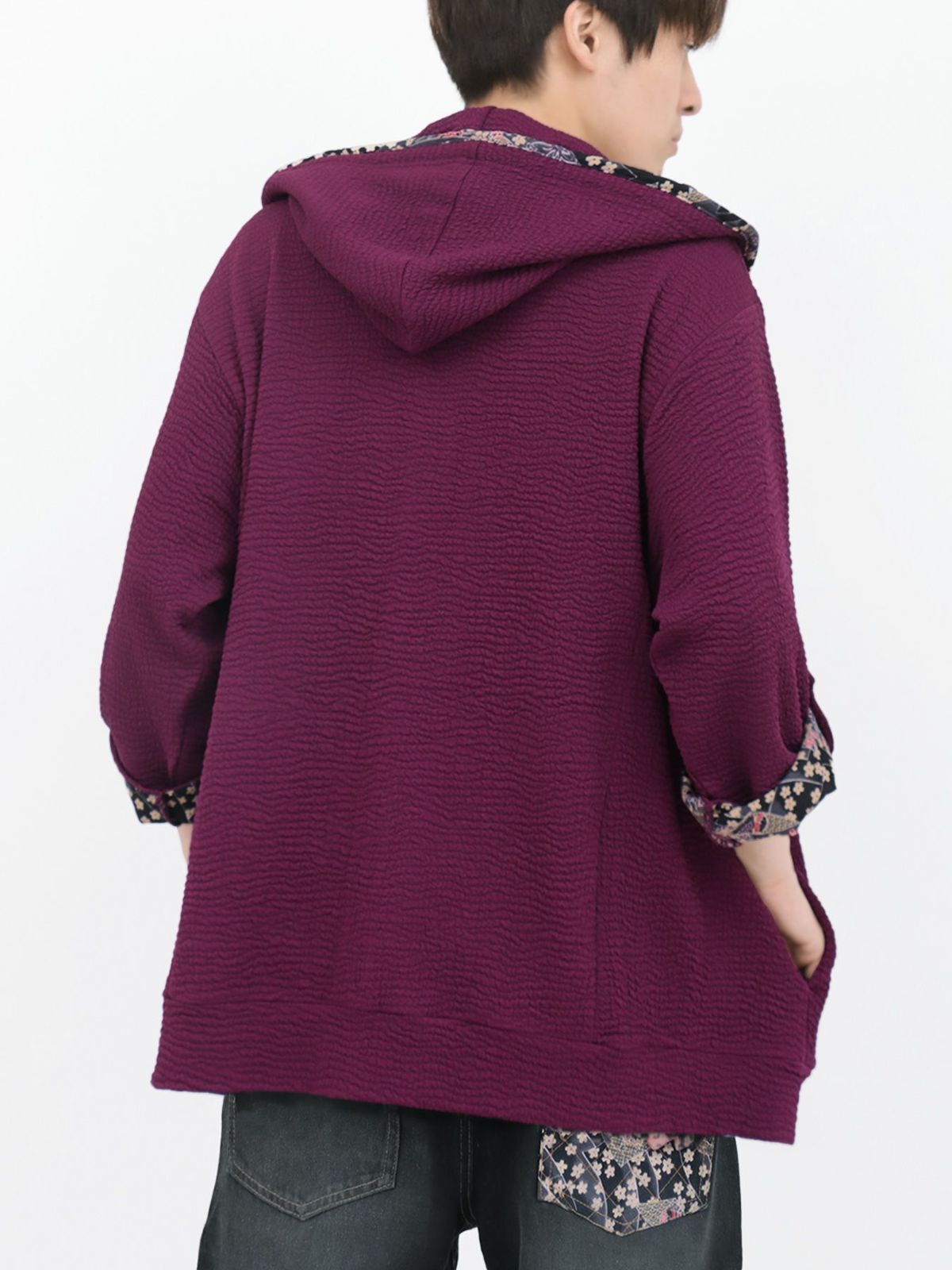 【雅結】菊刺繍ふくれジャガード素材 和生地遣い7分袖ZIPパーカー