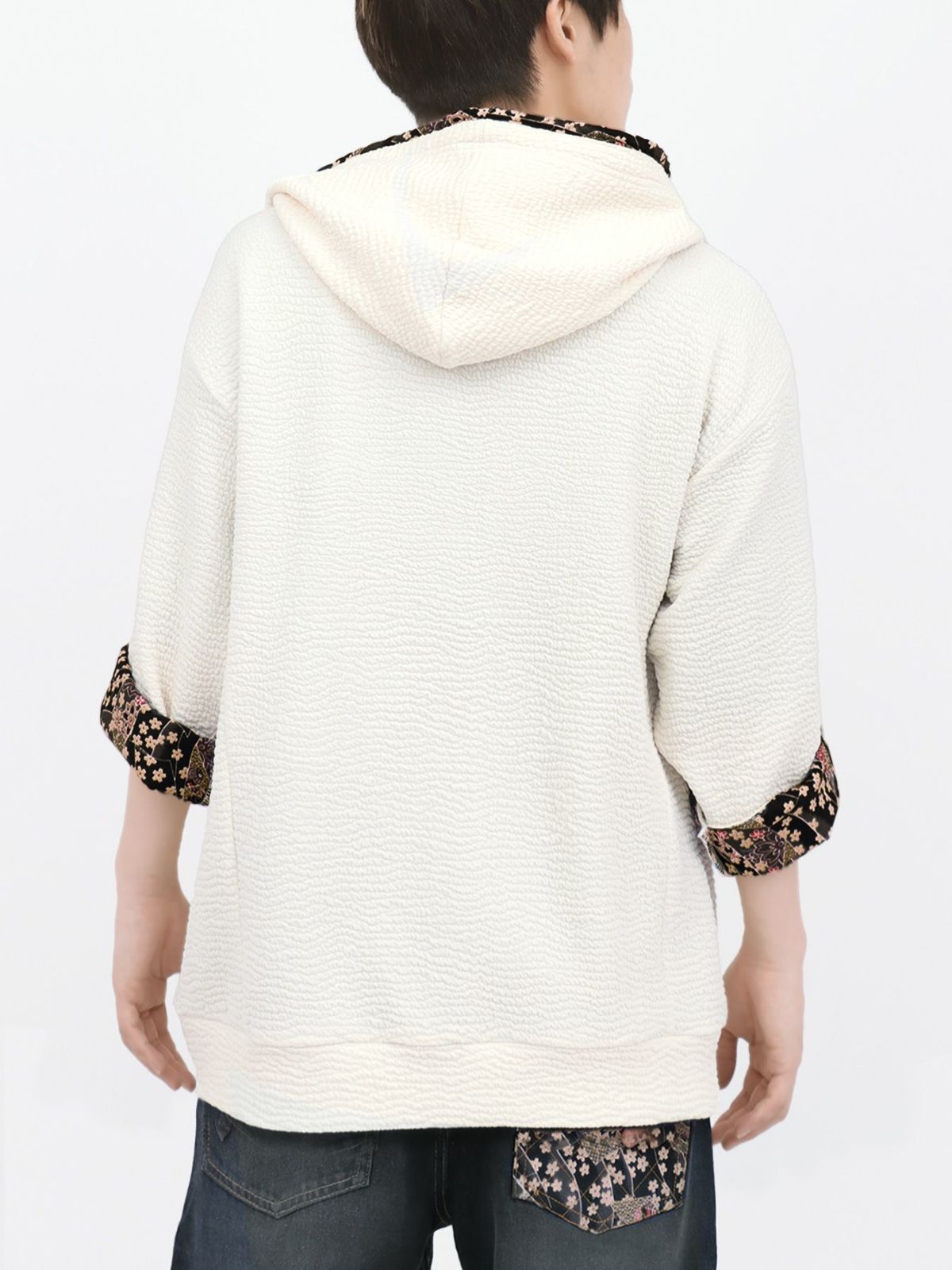 【雅結】菊刺繍ふくれジャガード素材 和生地遣い7分袖ZIPパーカー