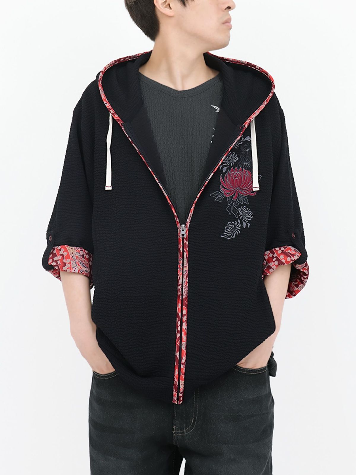 【雅結】菊刺繍ふくれジャガード素材 和生地遣い7分袖ZIPパーカー
