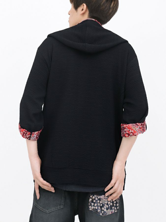 【雅結】菊刺繍ふくれジャガード素材 和生地遣い7分袖ZIPパーカー