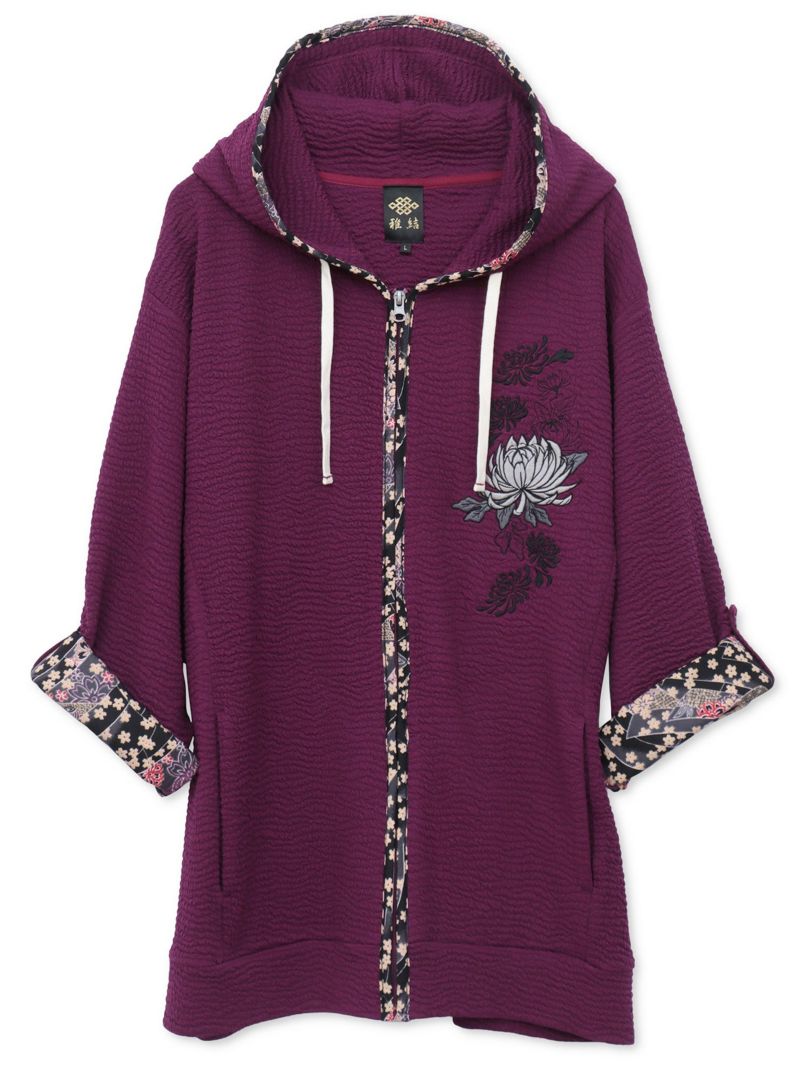【雅結】菊刺繍ふくれジャガード素材 和生地遣い7分袖ZIPパーカー