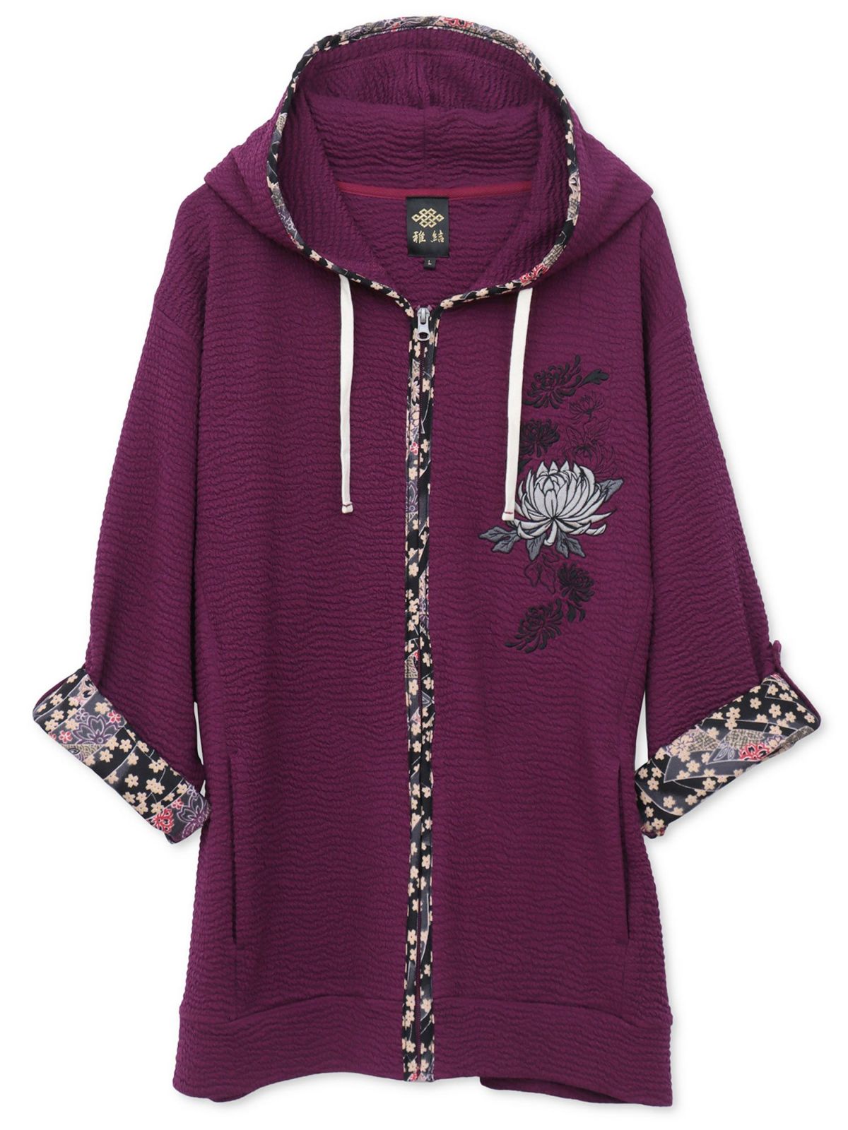 【雅結】菊刺繍ふくれジャガード素材 和生地遣い7分袖ZIPパーカー