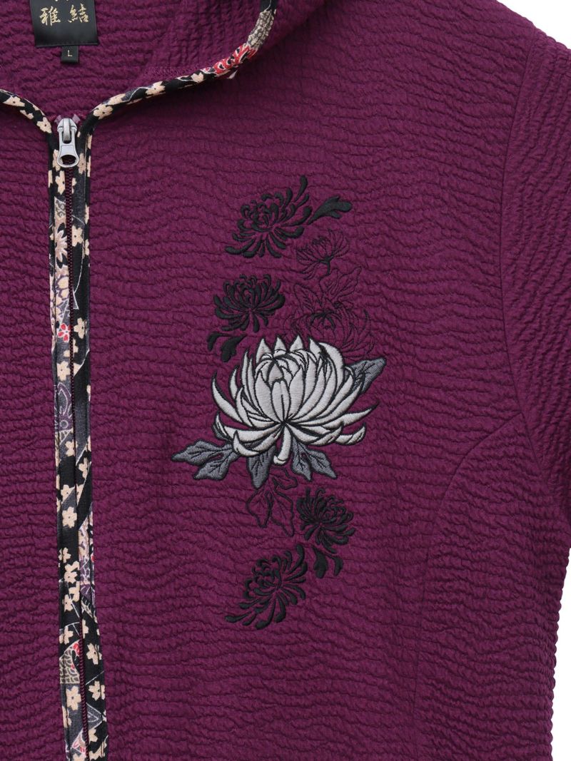 【雅結】菊刺繍ふくれジャガード素材 和生地遣い7分袖ZIPパーカー