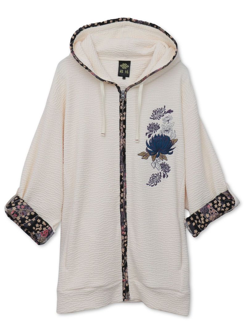 【雅結】菊刺繍ふくれジャガード素材 和生地遣い7分袖ZIPパーカー
