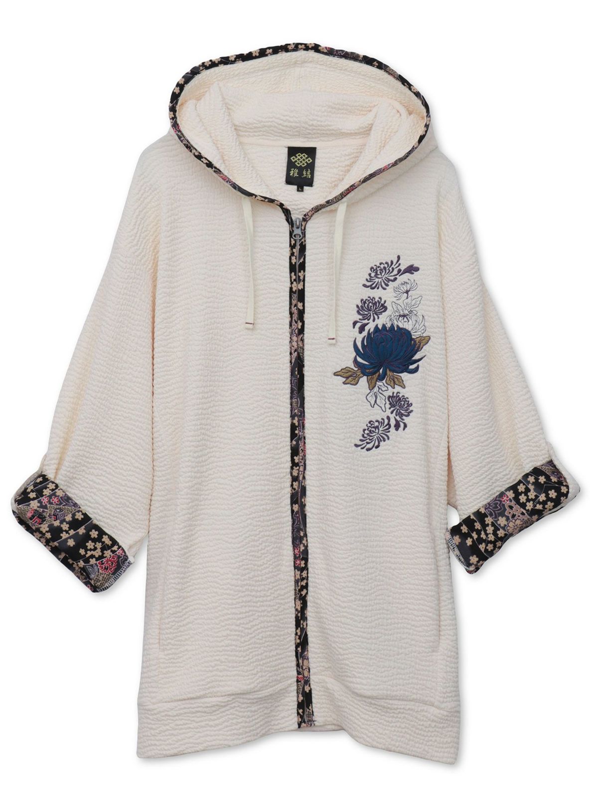 【雅結】菊刺繍ふくれジャガード素材 和生地遣い7分袖ZIPパーカー