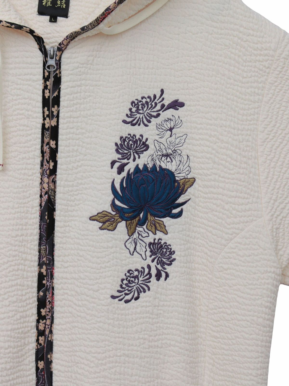 【雅結】菊刺繍ふくれジャガード素材 和生地遣い7分袖ZIPパーカー