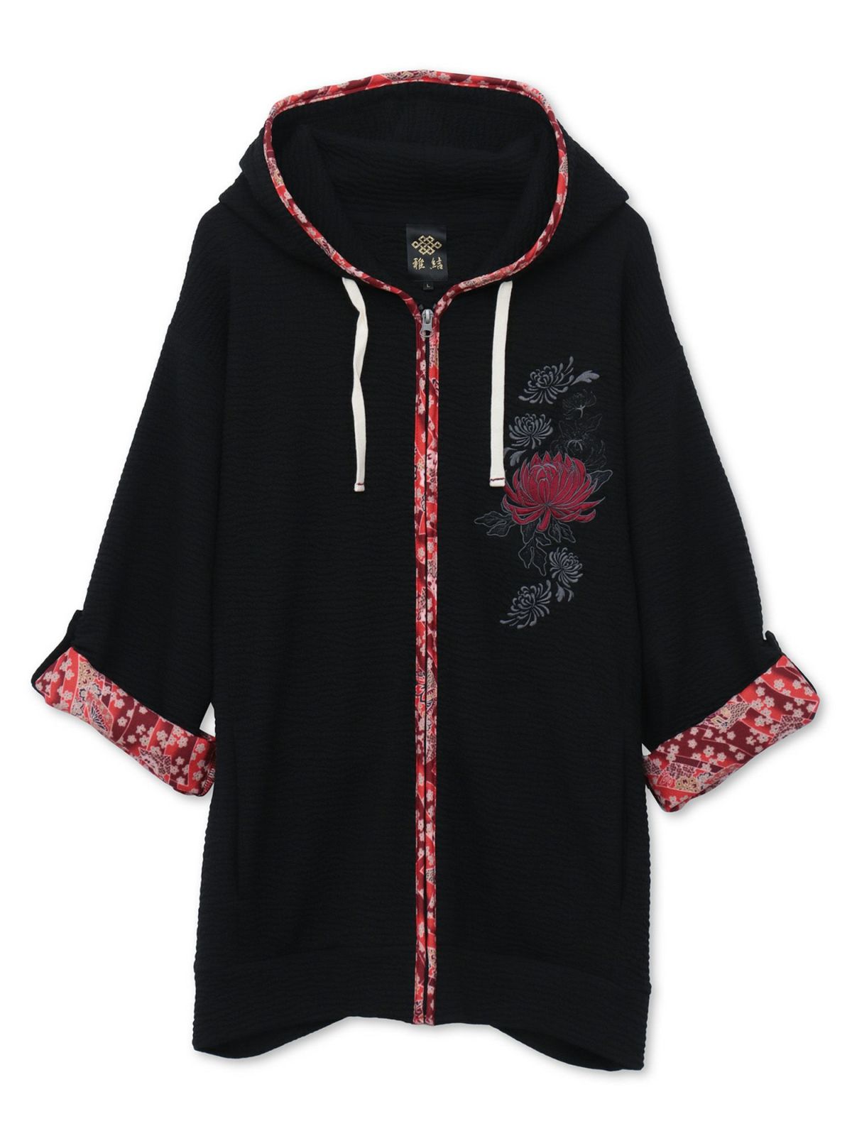 【雅結】菊刺繍ふくれジャガード素材 和生地遣い7分袖ZIPパーカー