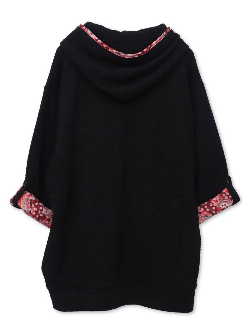 【雅結】菊刺繍ふくれジャガード素材 和生地遣い7分袖ZIPパーカー