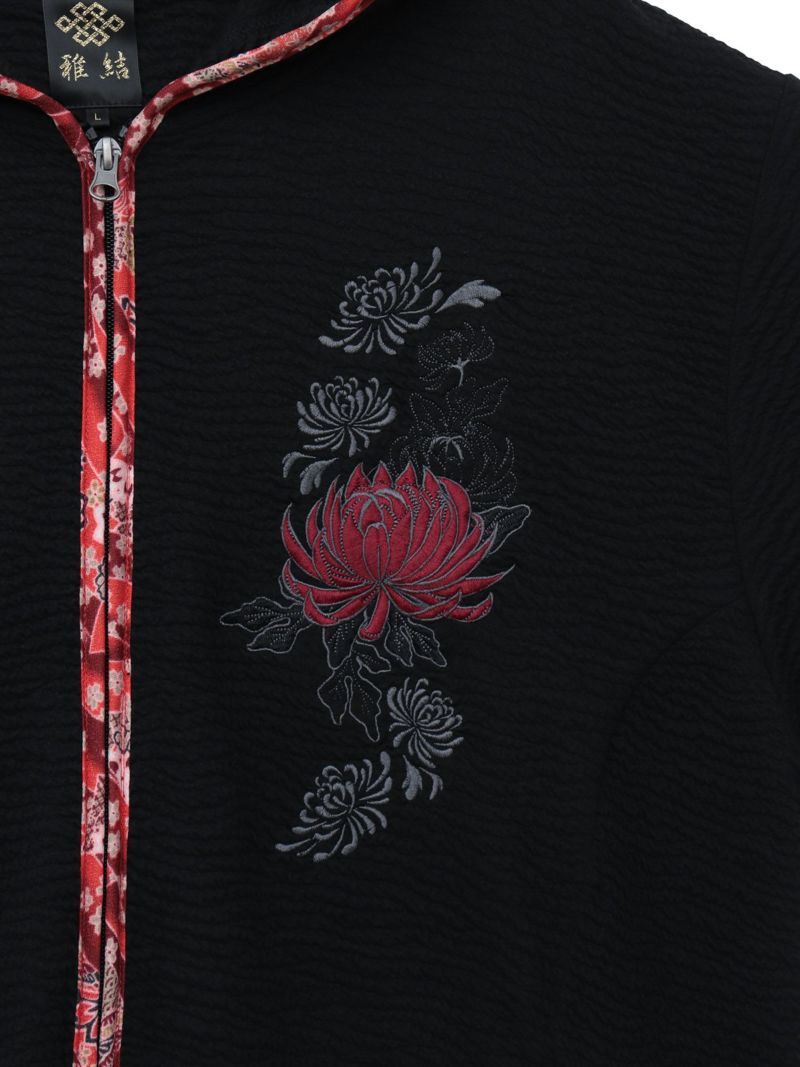 【雅結】菊刺繍ふくれジャガード素材 和生地遣い7分袖ZIPパーカー