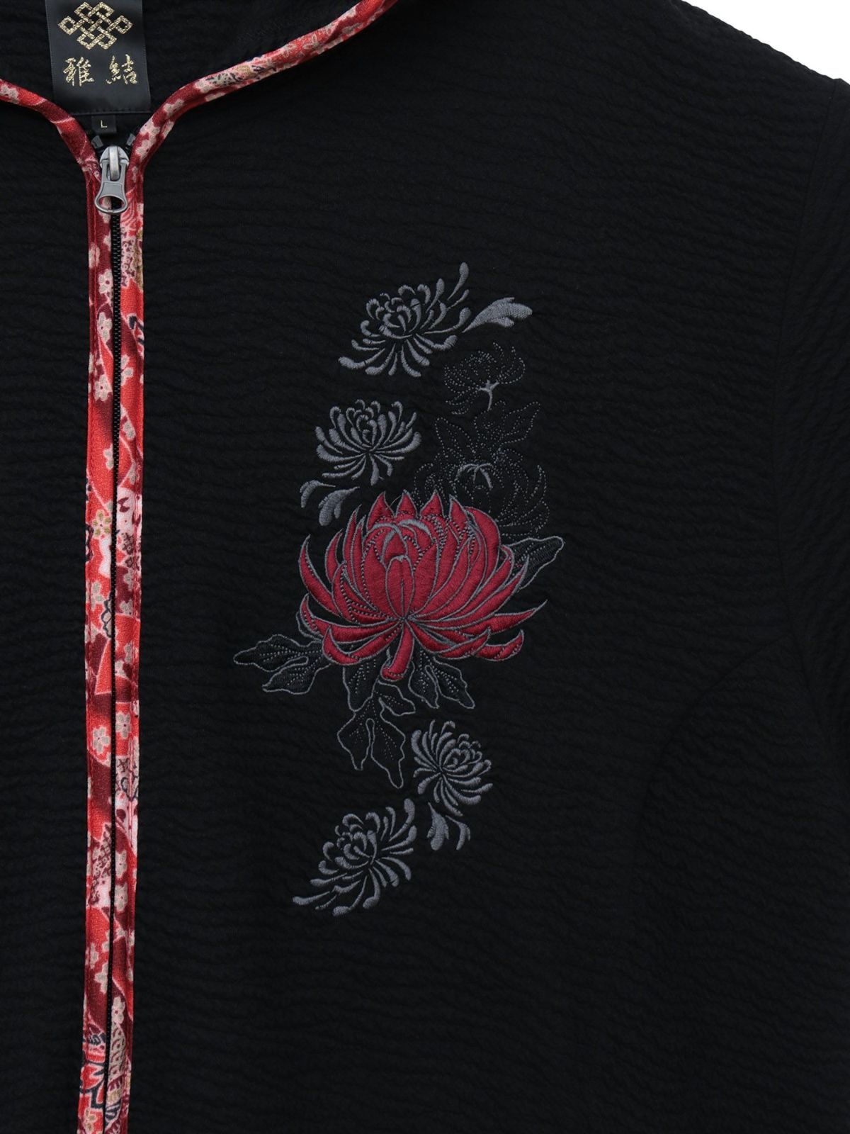 【雅結】菊刺繍ふくれジャガード素材 和生地遣い7分袖ZIPパーカー