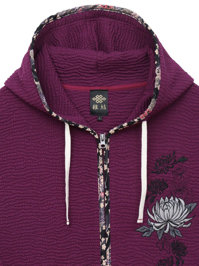 【雅結】菊刺繍ふくれジャガード素材 和生地遣い7分袖ZIPパーカー