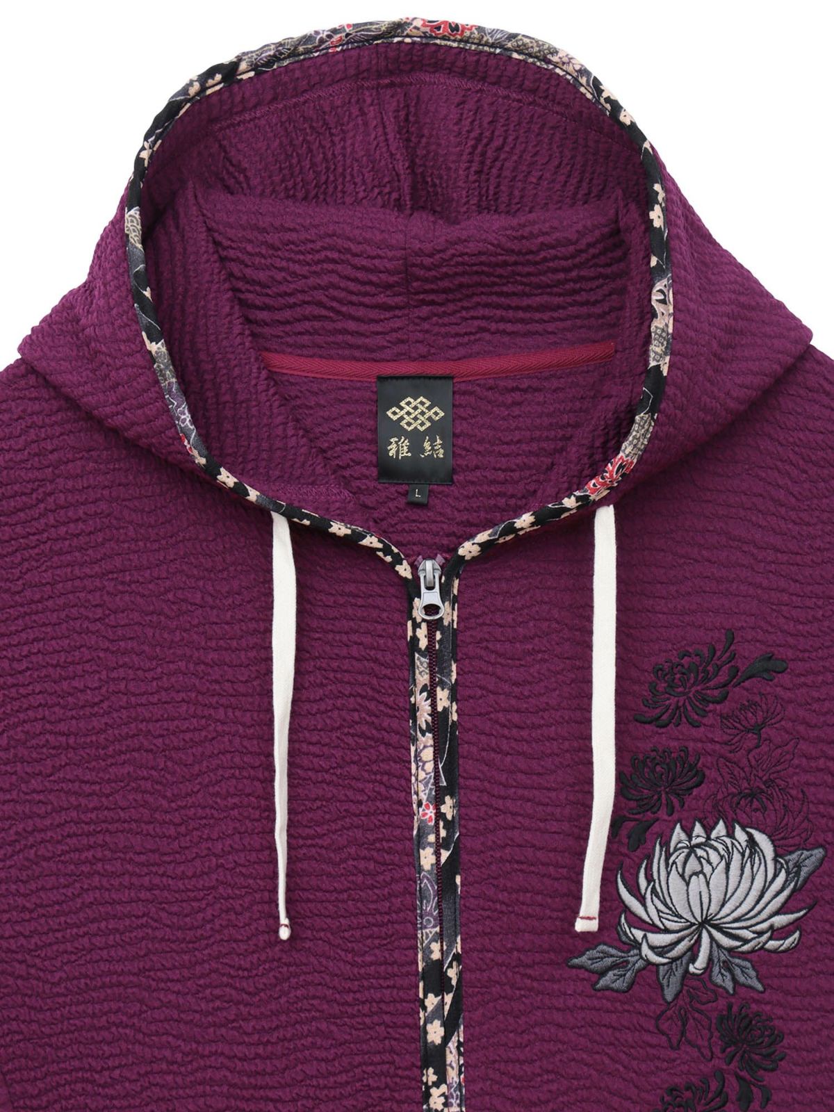 【雅結】菊刺繍ふくれジャガード素材 和生地遣い7分袖ZIPパーカー
