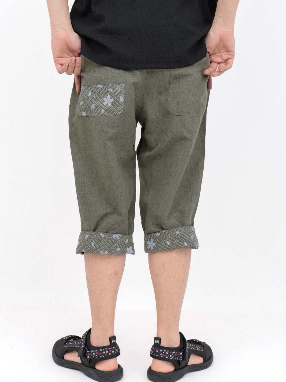 【雅結】桜唐草刺繍シャンブレー素材クロップドパンツ