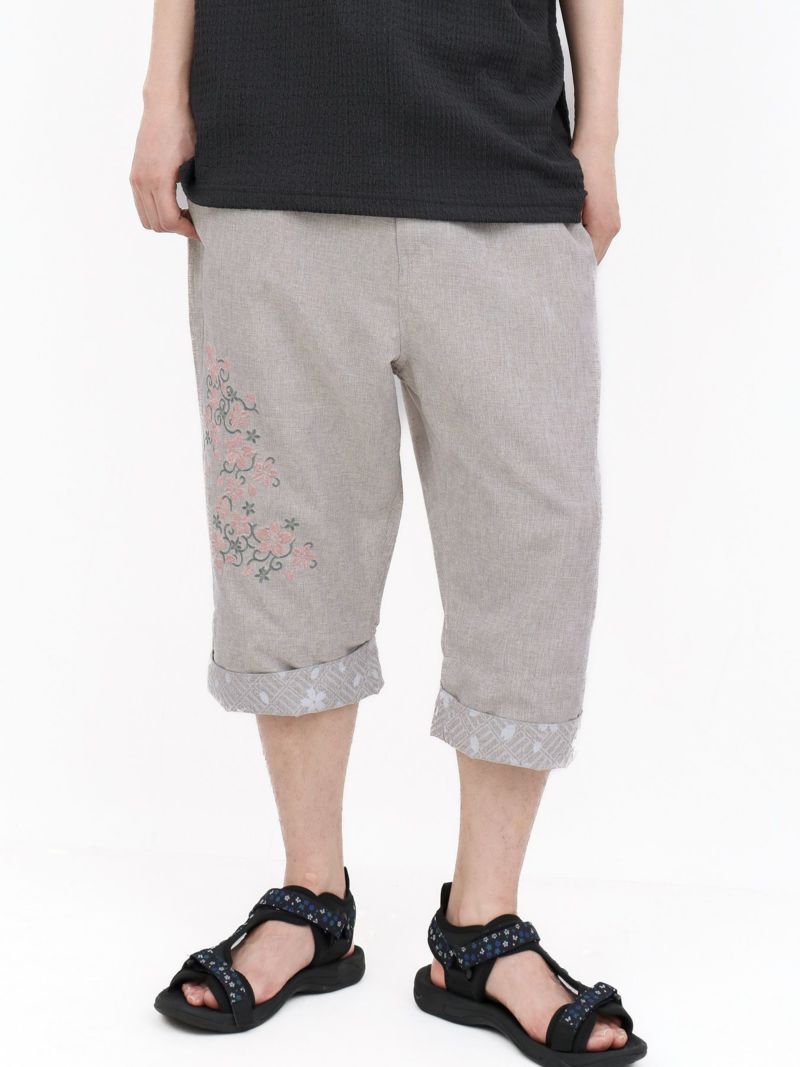 【雅結】桜唐草刺繍シャンブレー素材クロップドパンツ