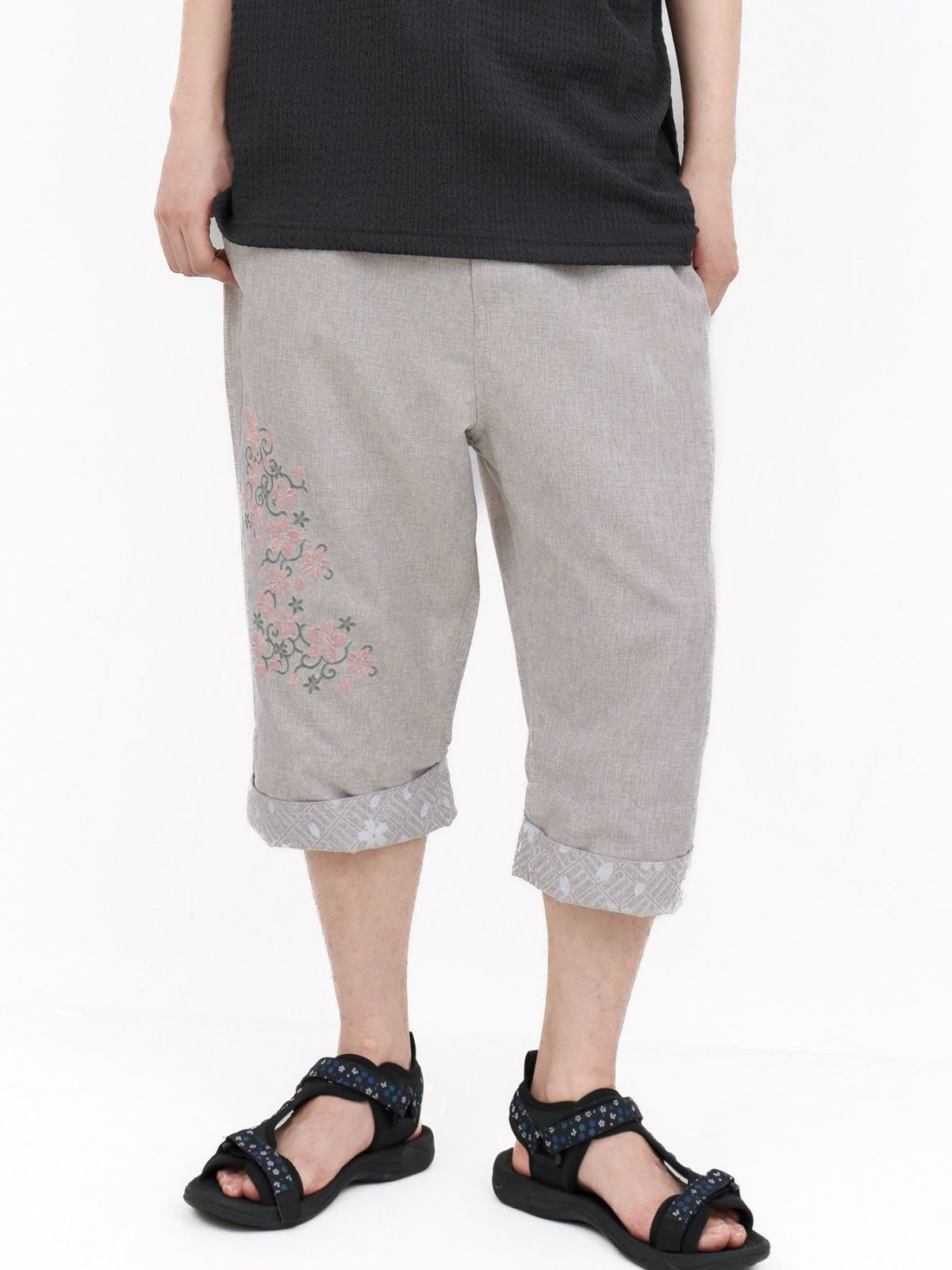 【雅結】桜唐草刺繍シャンブレー素材クロップドパンツ