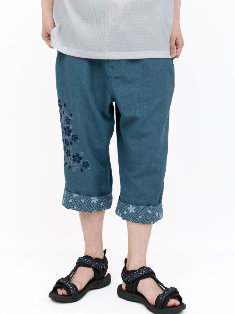 【雅結】桜唐草刺繍シャンブレー素材クロップドパンツ