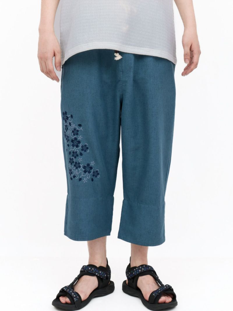 【雅結】桜唐草刺繍シャンブレー素材クロップドパンツ