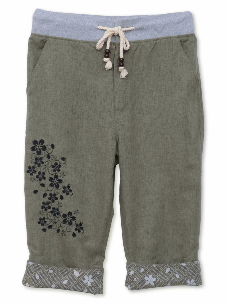 【雅結】桜唐草刺繍シャンブレー素材クロップドパンツ