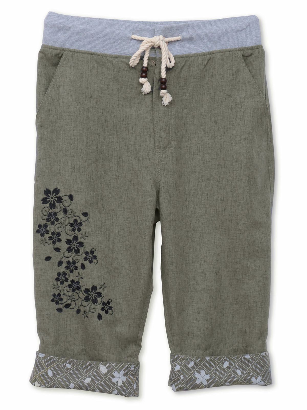 【雅結】桜唐草刺繍シャンブレー素材クロップドパンツ