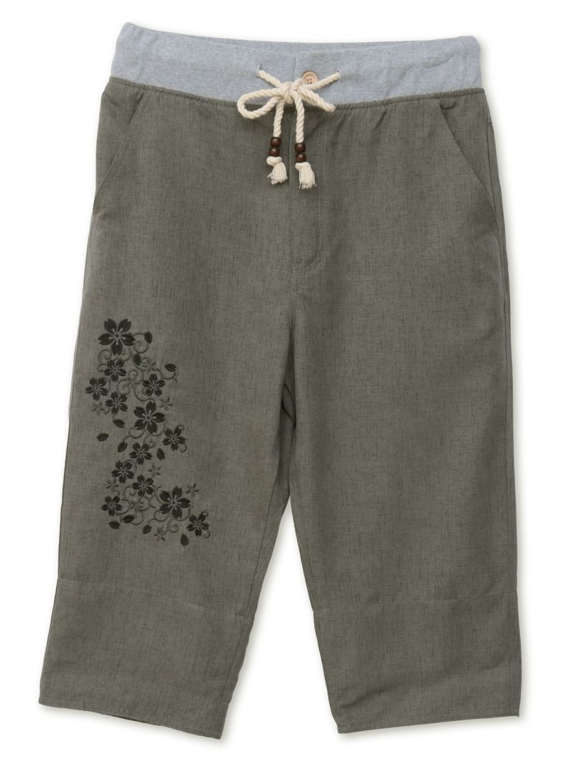 【雅結】桜唐草刺繍シャンブレー素材クロップドパンツ