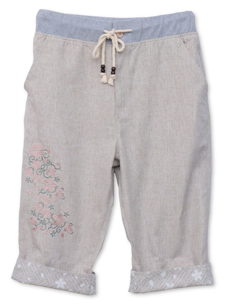 【雅結】桜唐草刺繍シャンブレー素材クロップドパンツ