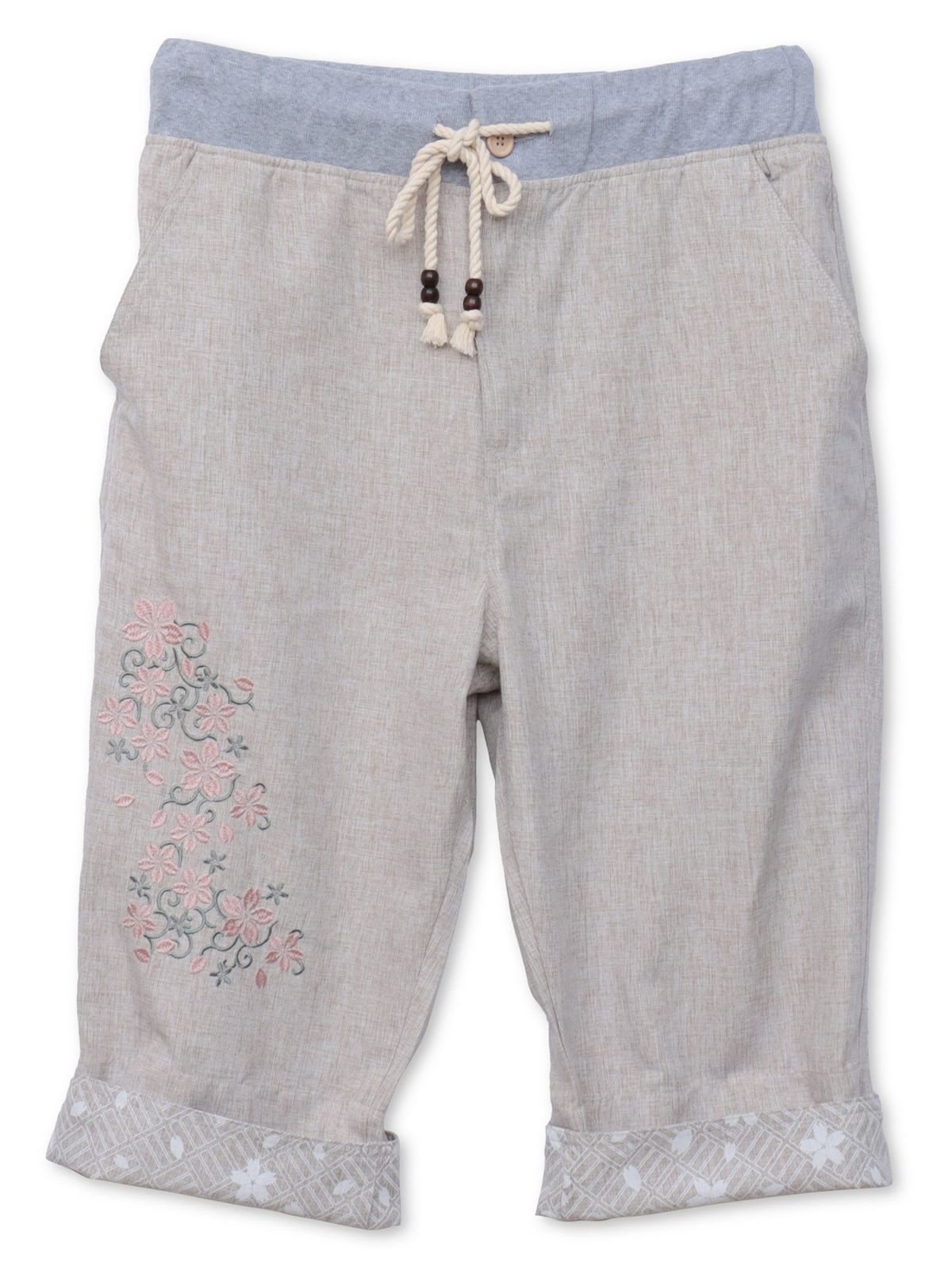 【雅結】桜唐草刺繍シャンブレー素材クロップドパンツ