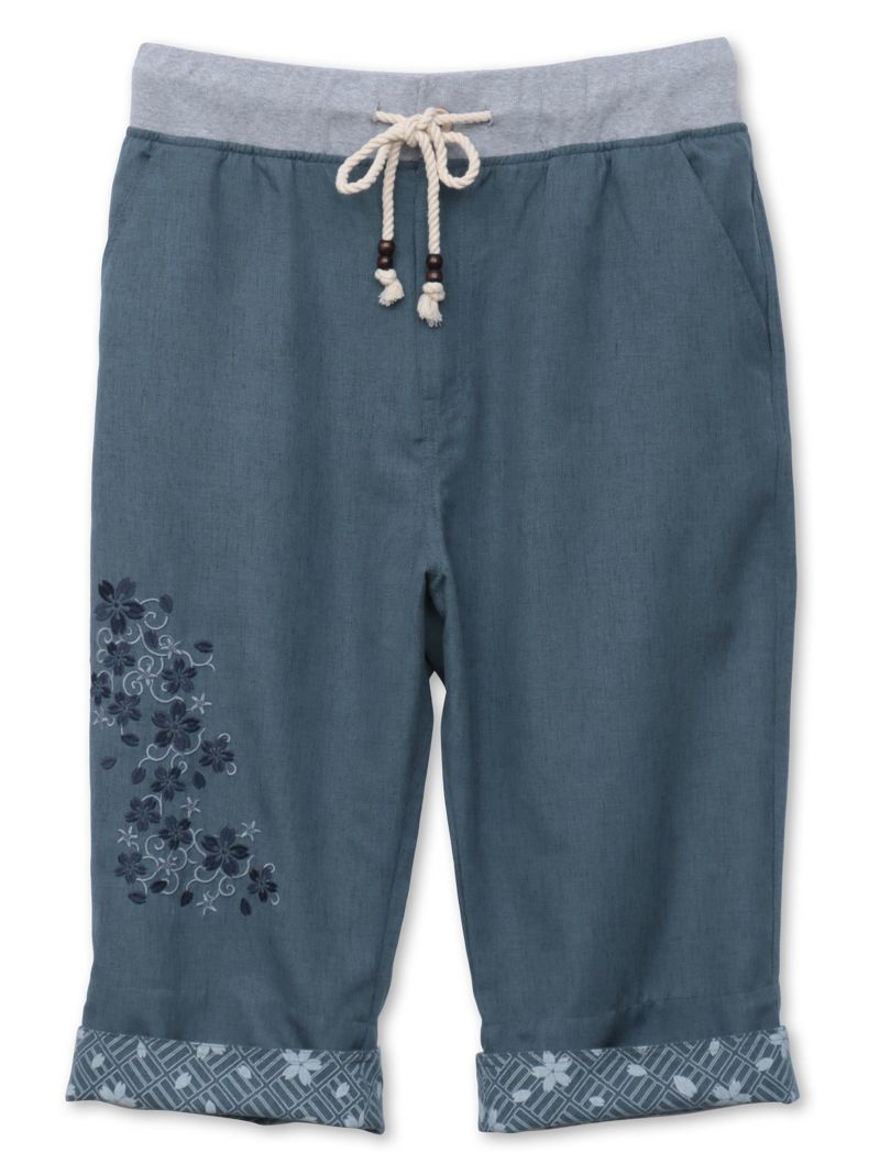 【雅結】桜唐草刺繍シャンブレー素材クロップドパンツ