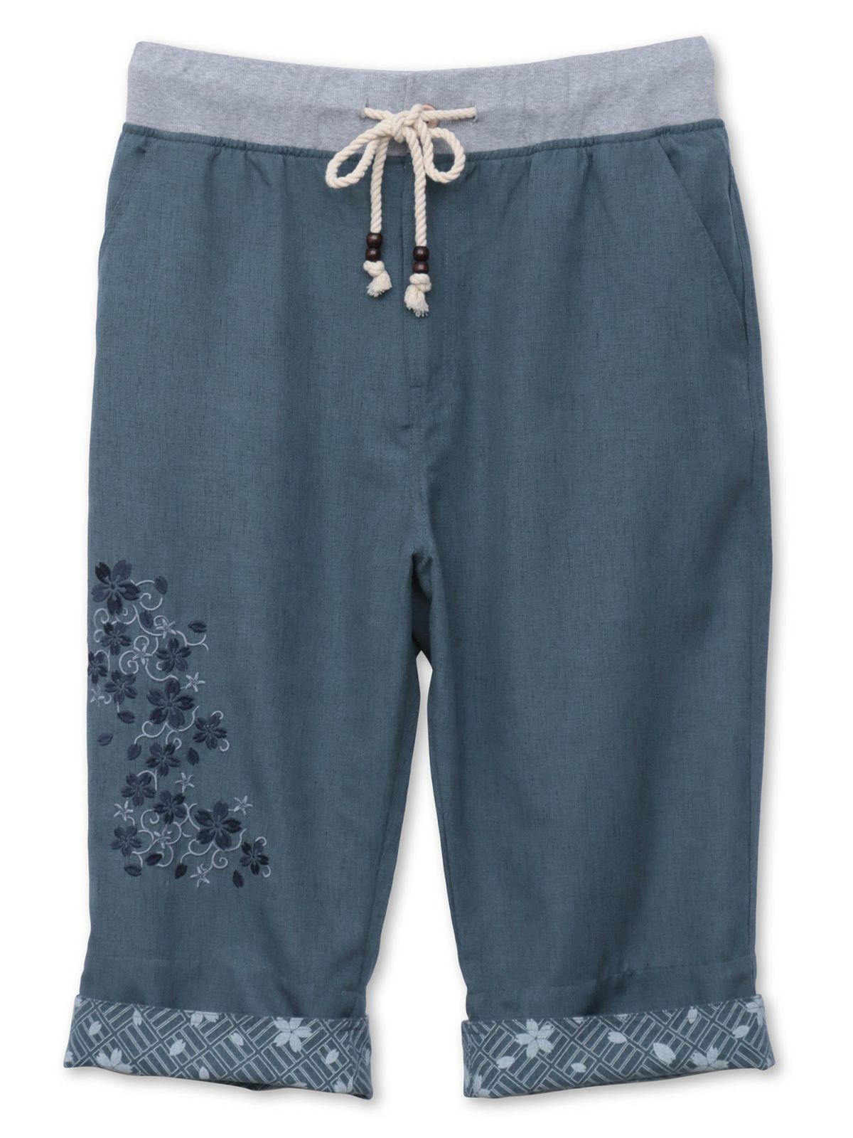 【雅結】桜唐草刺繍シャンブレー素材クロップドパンツ