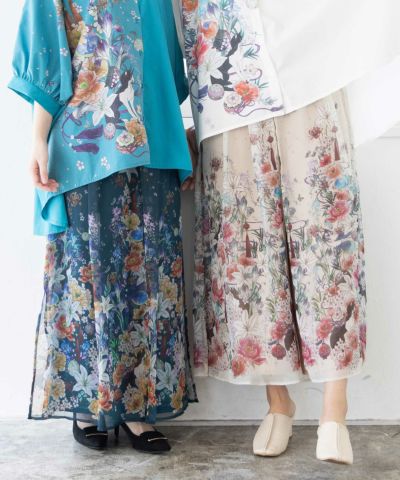 【雅結×iS ScoLar】<br>コラボ 和風花柄シフォン重ねパンツ