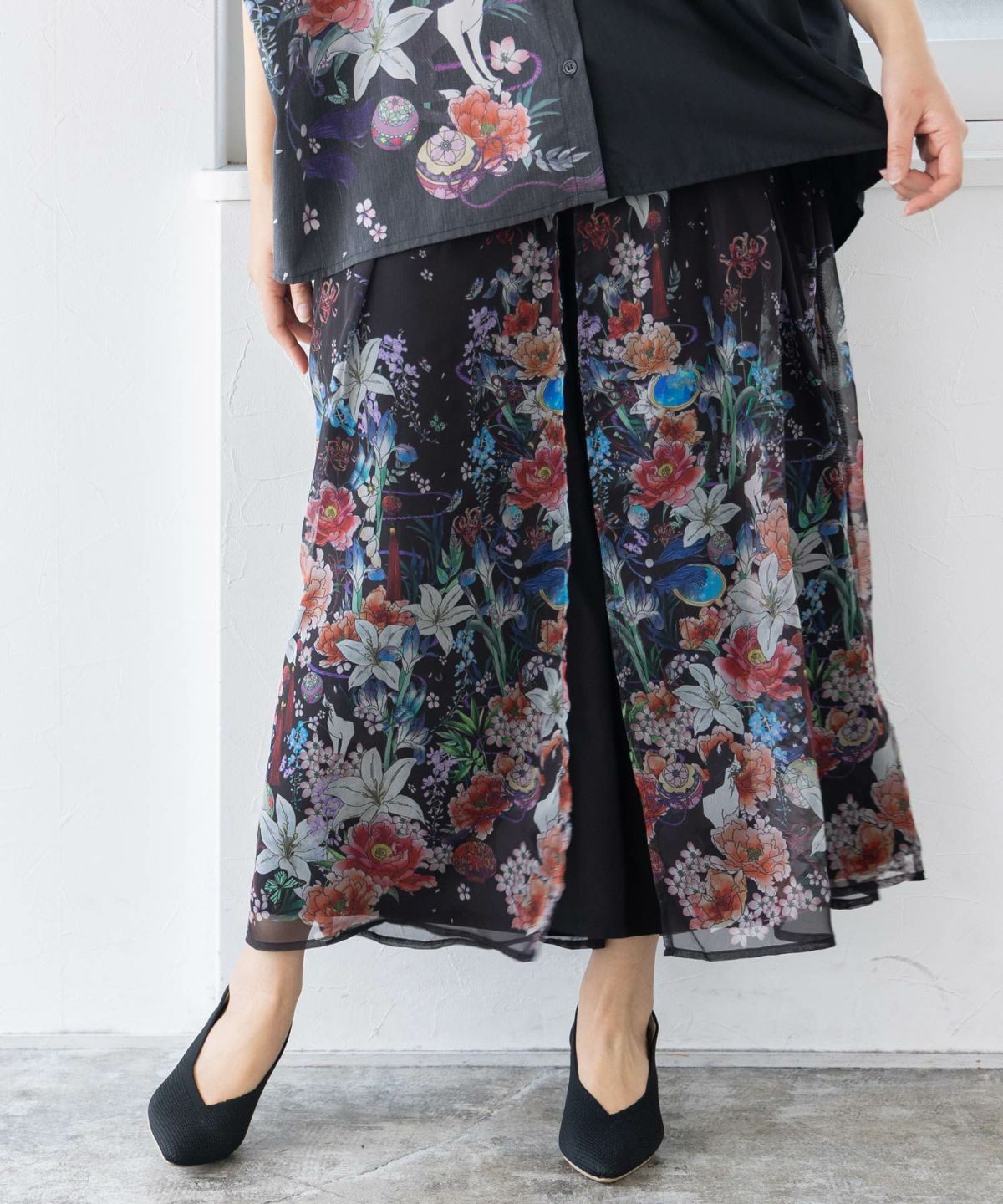 【雅結×iS ScoLar】コラボ 和風花柄シフォン重ねパンツ