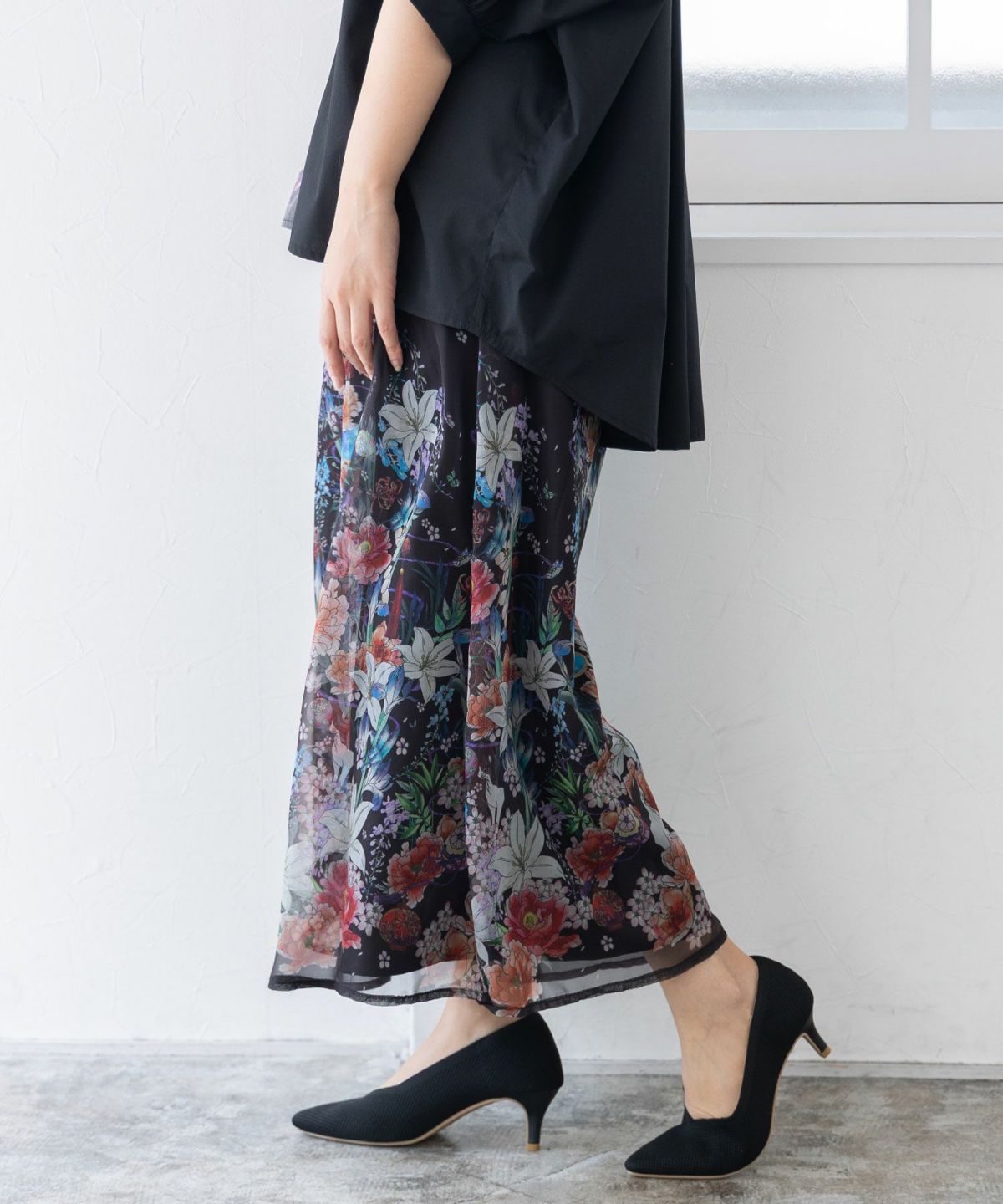 【雅結×iS ScoLar】コラボ 和風花柄シフォン重ねパンツ