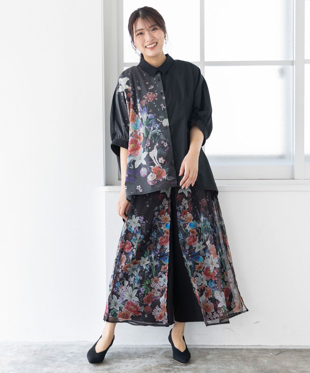 【雅結×iS ScoLar】コラボ 和風花柄シフォン重ねパンツ